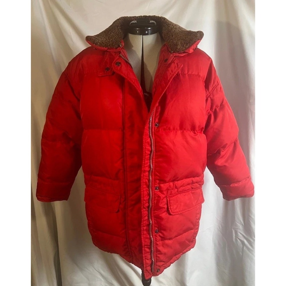 Vtg 90s EDDIE BAUER Red Goose Down Wool Sheep Collar Parka Puffer Jacket Women M